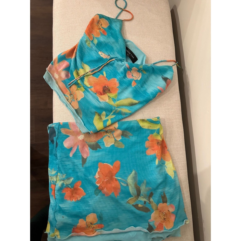 White Fox Aqua Floral Crop Top & Skirt Set Mesh Two Piece Summer Festival Small